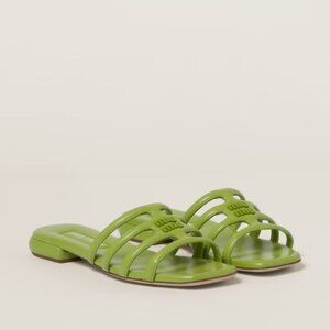 NWT Miu Miu Flat Slide Sandals Green Leather Square Toe Sz 36
